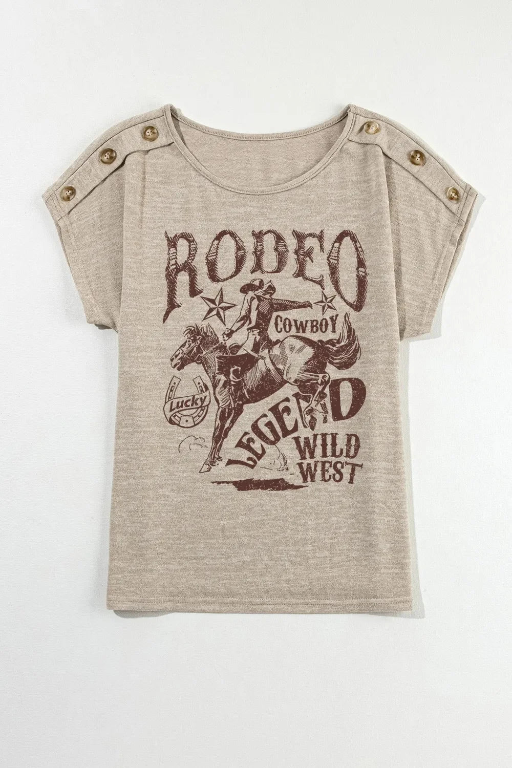 Decorative Button Graphic Round Neck Short Sleeve T Shirt - Southern Shores Clothing