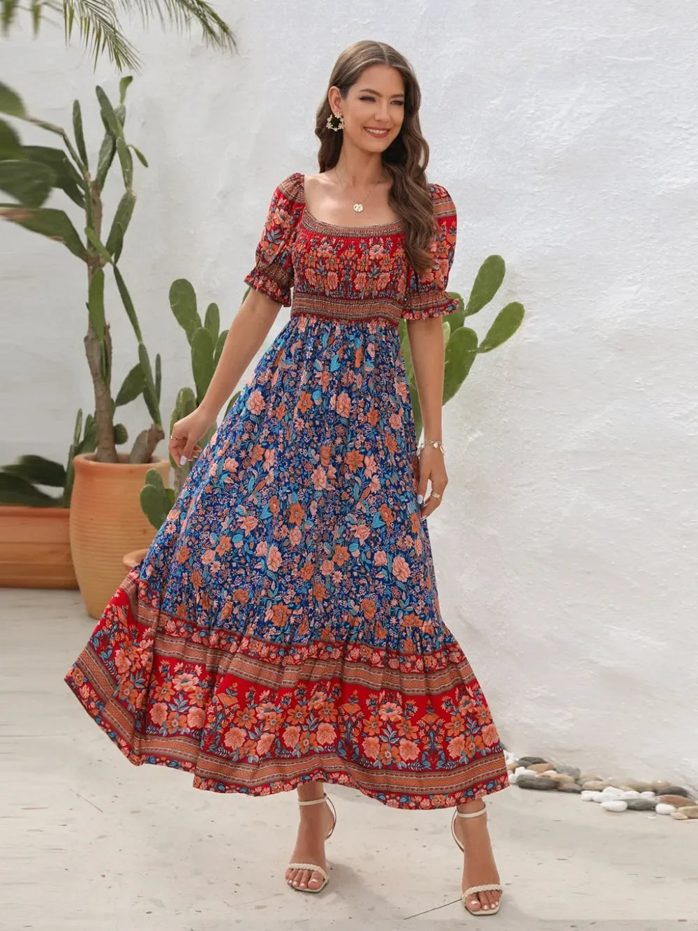 Floral Flounce Sleeve Midi Dress Rayon Off Shoulder Boho - Southern Shores Clothing