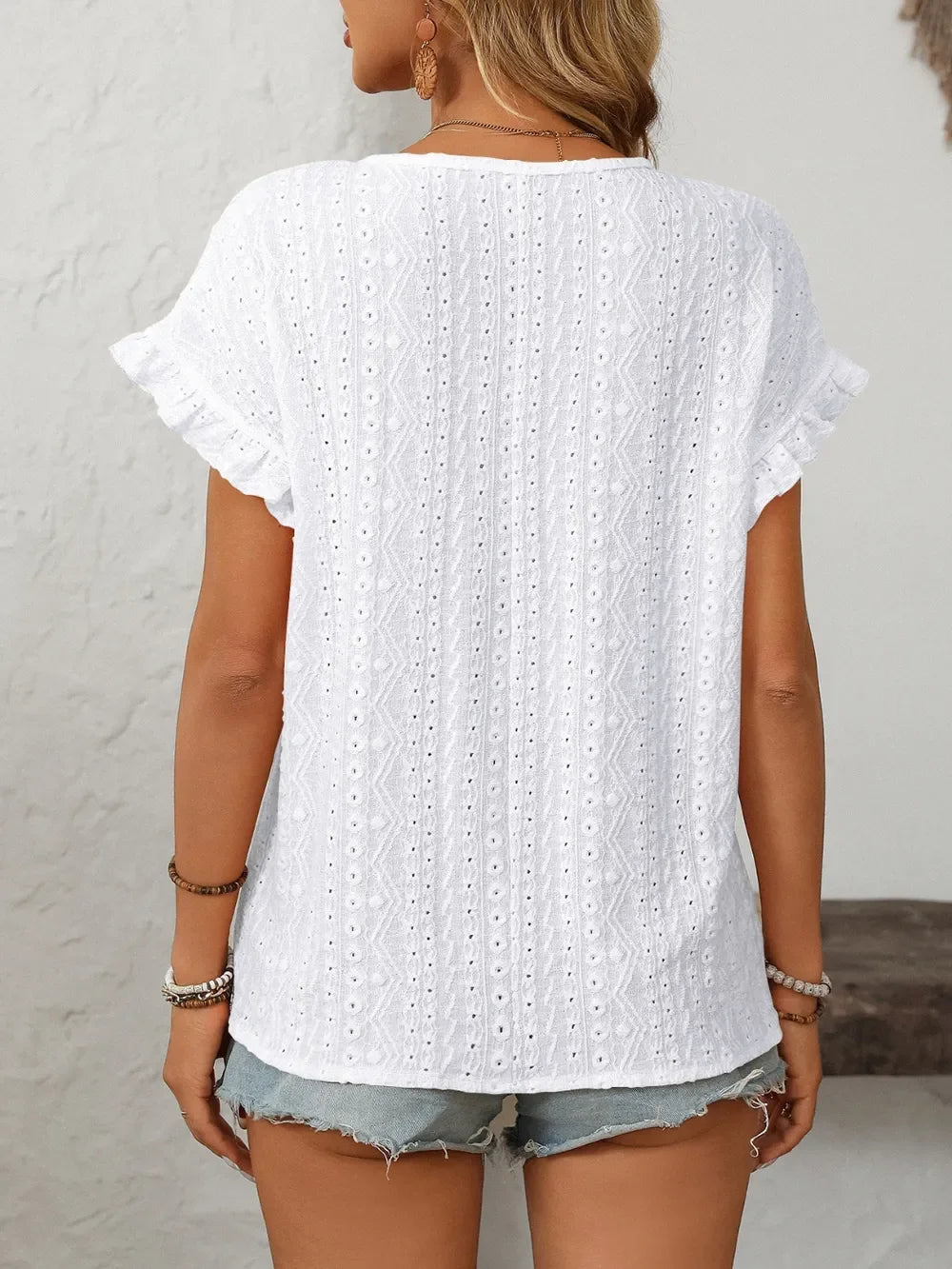 Eyelet Frill Round Neck Short Sleeve Top - Southern Shores Clothing