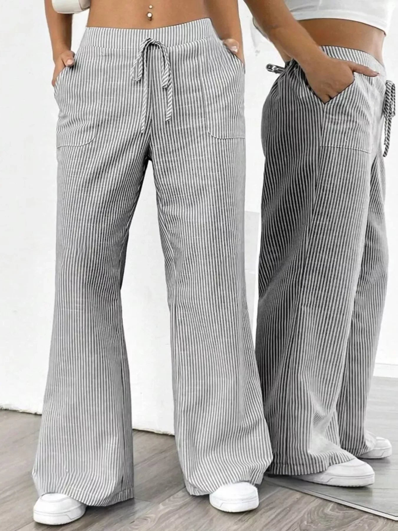 Striped Wide Leg Pocketed Casual Pants For Everyday Wear - Southern Shores Clothing