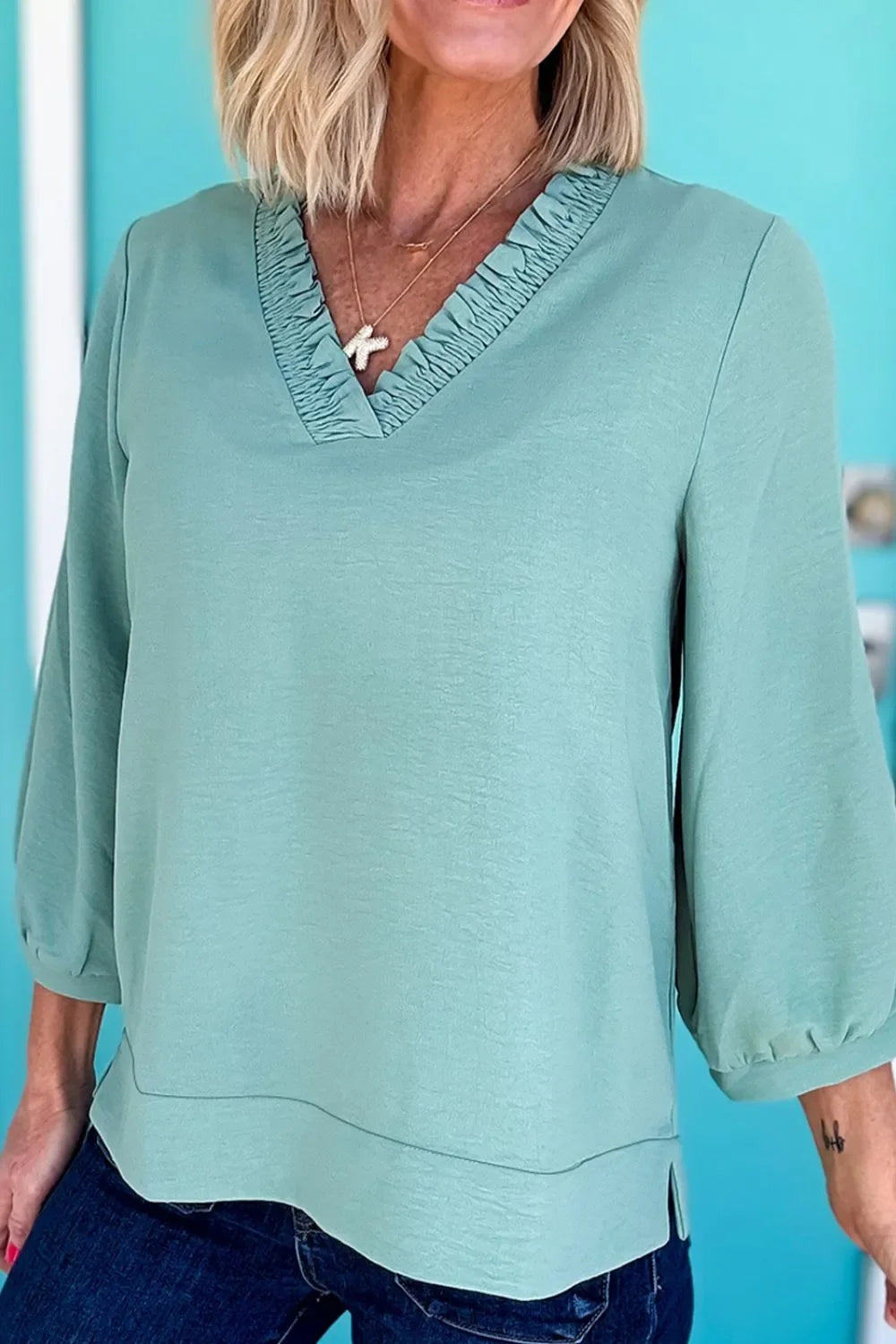 Southern Shores Clothing Lightweight Frill Trim V-Neck Blouse In 100% Polyester With Subtle Stretch - Southern Shores Clothing