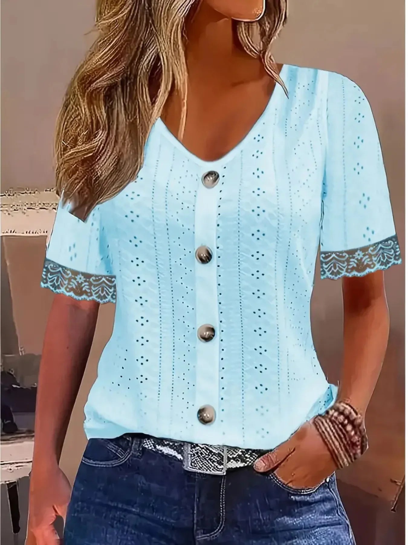 Eyelet Lace Trim Short Sleeve Blouse With Button - Southern Shores Clothing