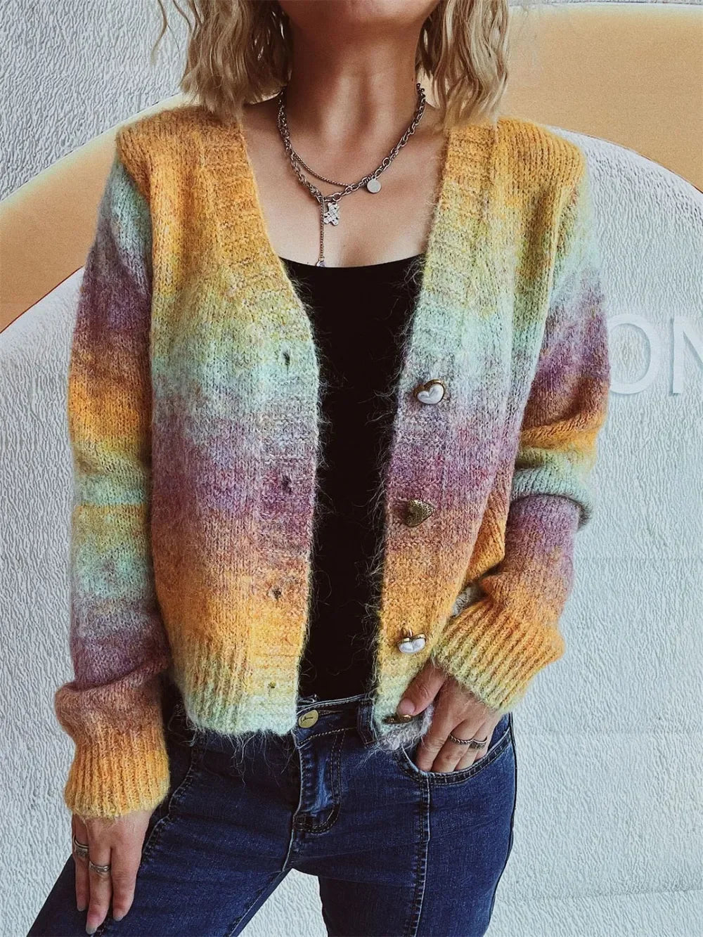 Heart Shape Button Front V-Neck Cardigan With Stretch - Southern Shores Clothing