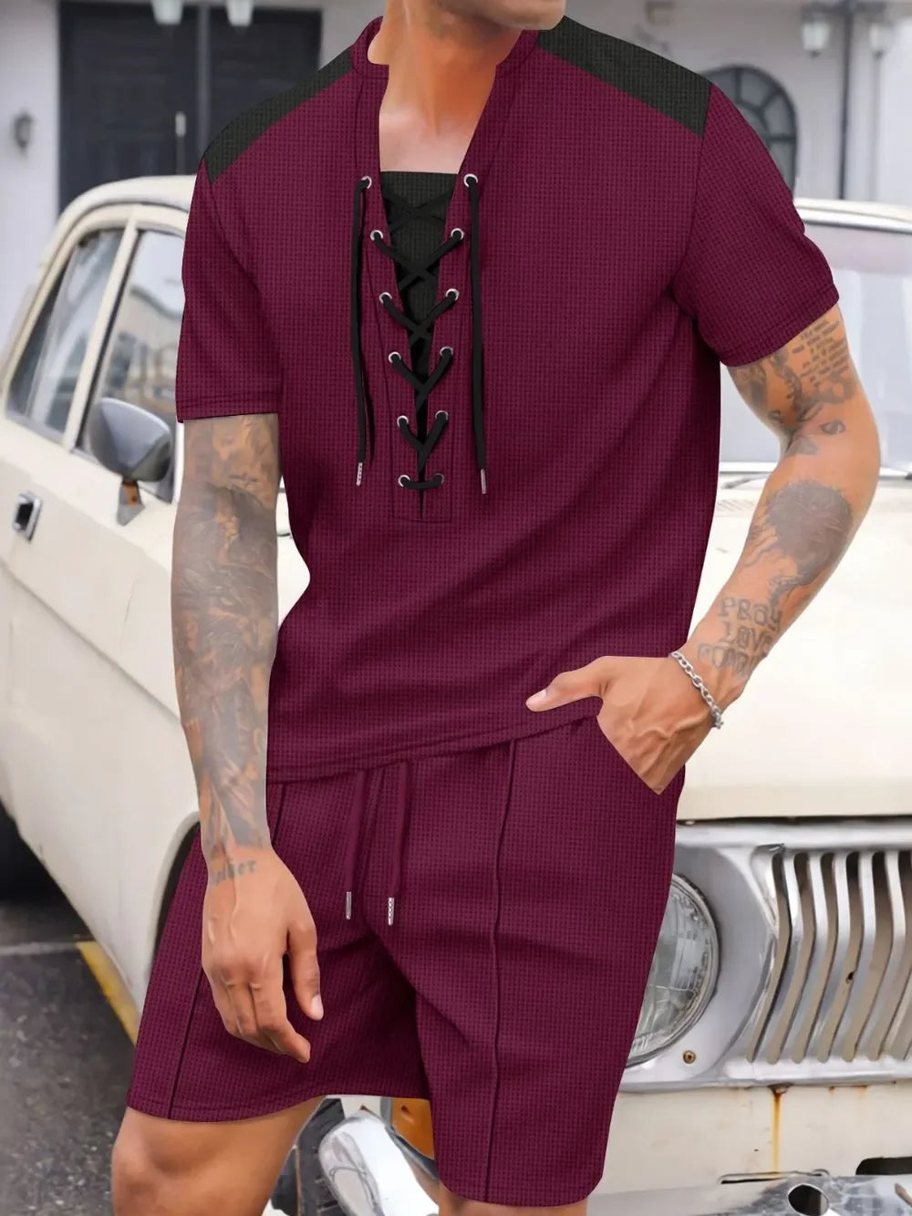 Men's Full Size Lace-Up Waffle Knit Top and Shorts Set Plus Size - Southern Shores Clothing