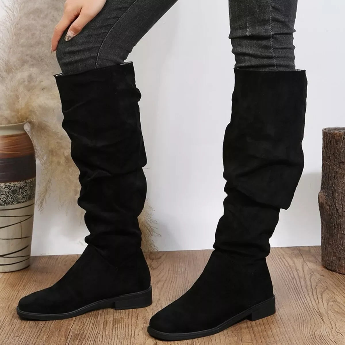 Slouchy Knee High Boots Suede Low Heel Casual Comfort - Southern Shores Clothing