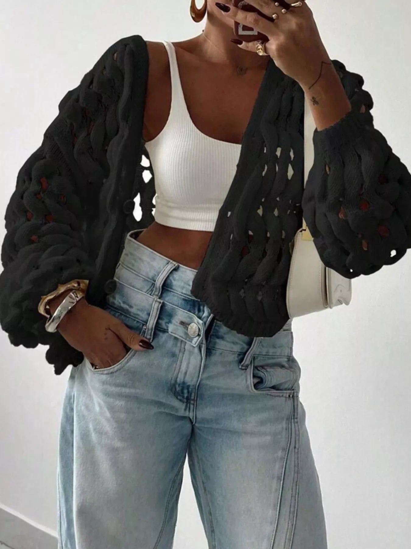 Openwork Button Up V-Neck Cardigan With Stretch Knit - Southern Shores Clothing