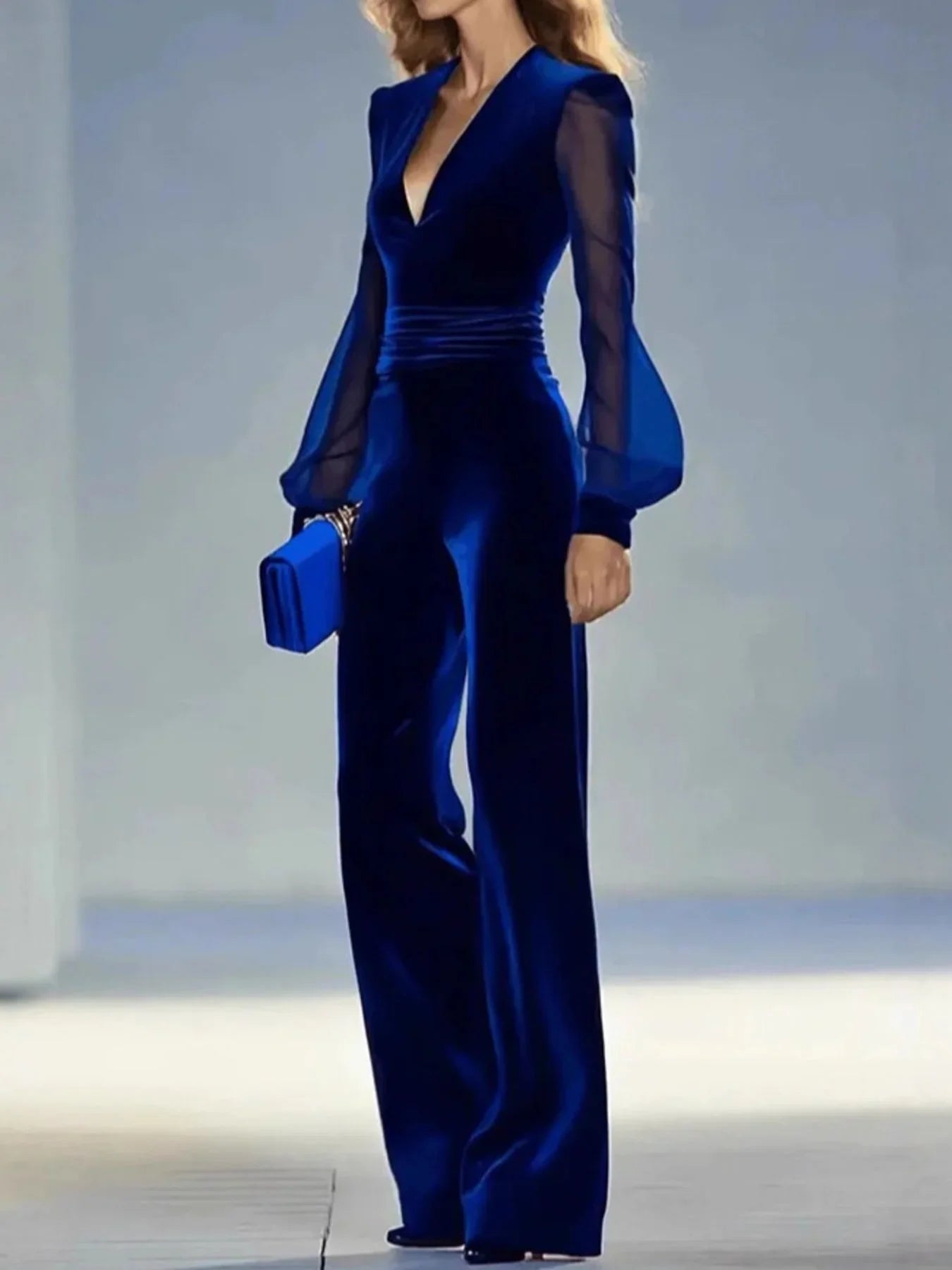 Velvet Wide Leg Jumpsuit With Sheer Sleeves - Southern Shores Clothing
