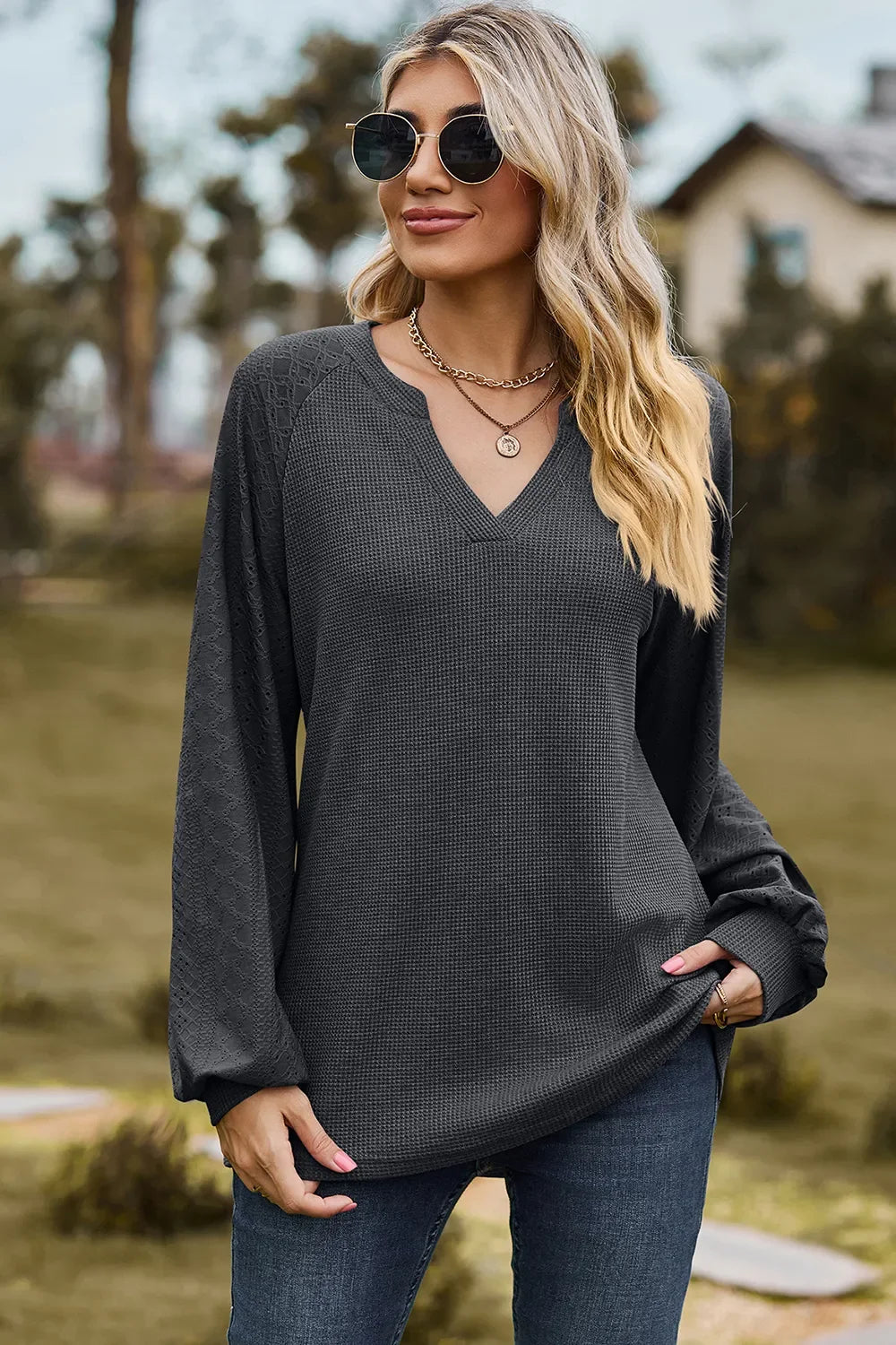 Eyelet Notched Raglan Sleeve T-Shirt - Southern Shores Clothing
