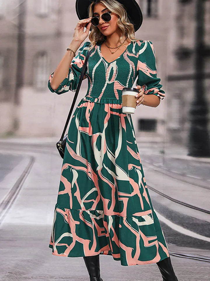 Perfee Printed Smocked V-Neck Three-Quarter Sleeve Midi Dress - Southern Shores Clothing