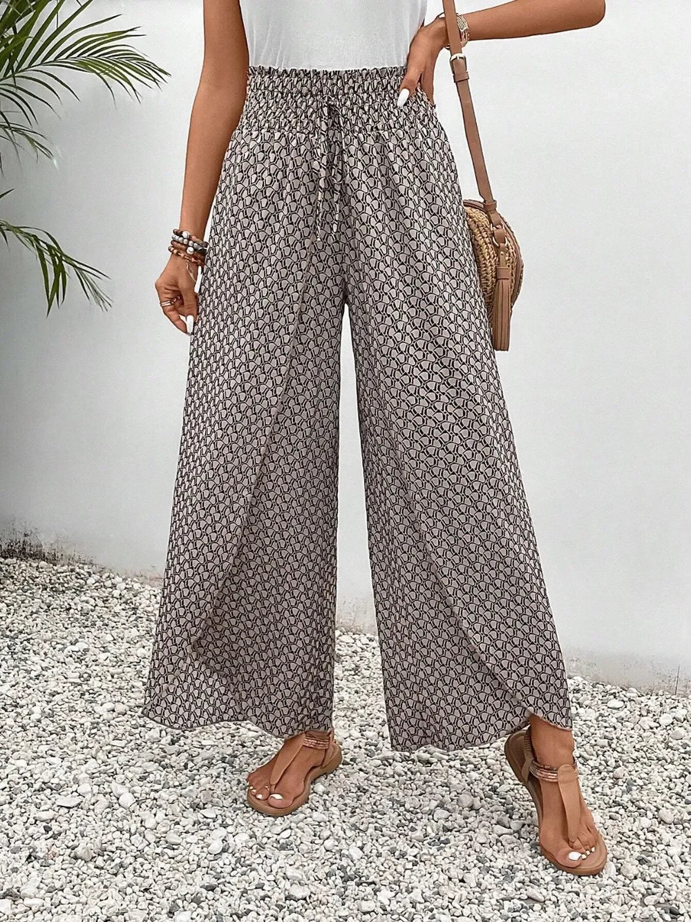 Floral Print Tie-Waist Wide Leg Pants With Front Slit Detail - Southern Shores Clothing