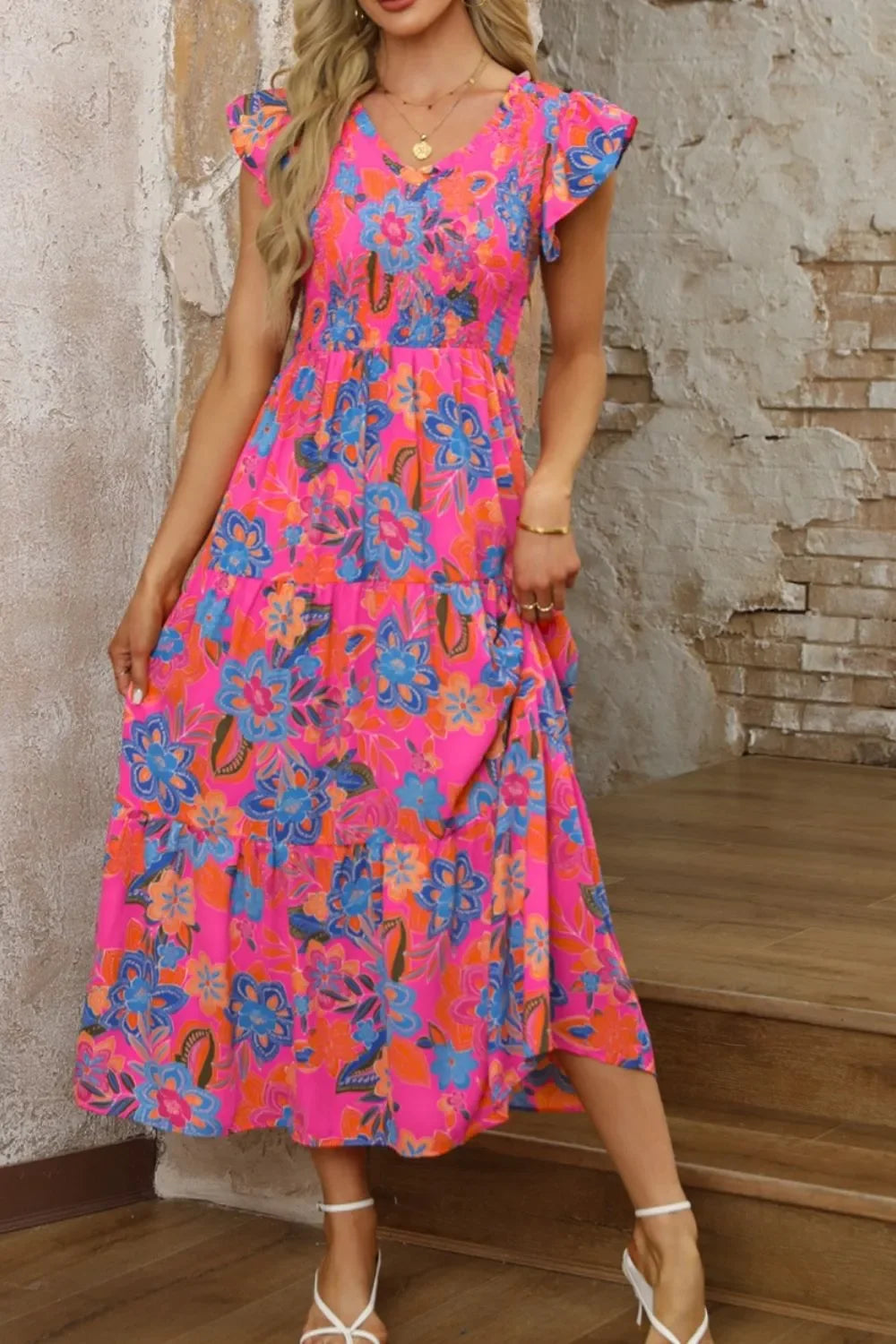 Boho Floral V-Neck Ruffle Tiered Flutter Sleeve Maxi Dress - Southern Shores Clothing