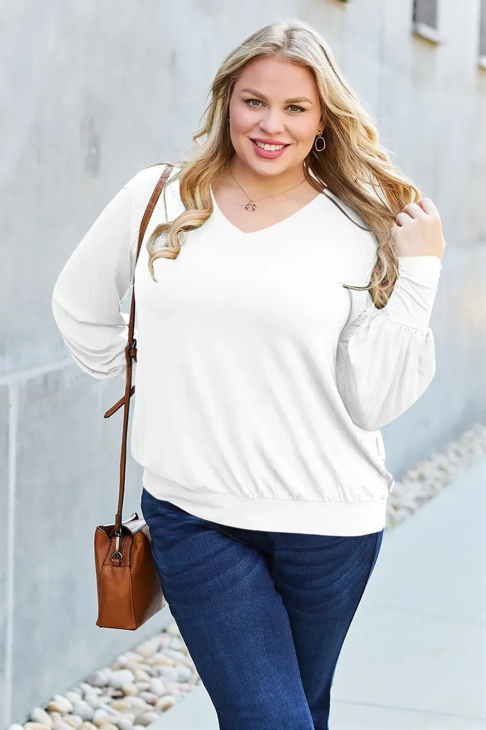 V Neck Lantern Sleeve Top Lightweight Stretch - Southern Shores Clothing