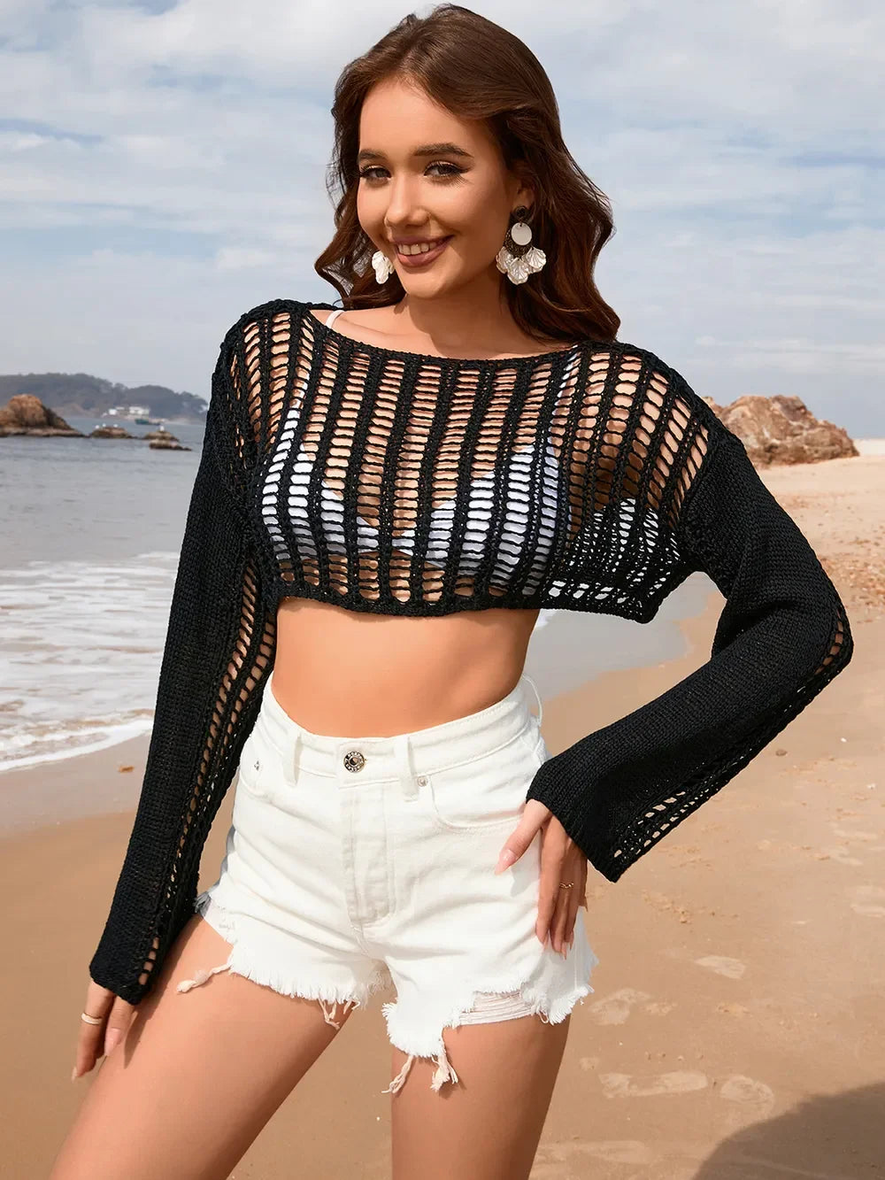 Sheer Openwork Boat Neck Long Sleeve Cover Up - Southern Shores Clothing