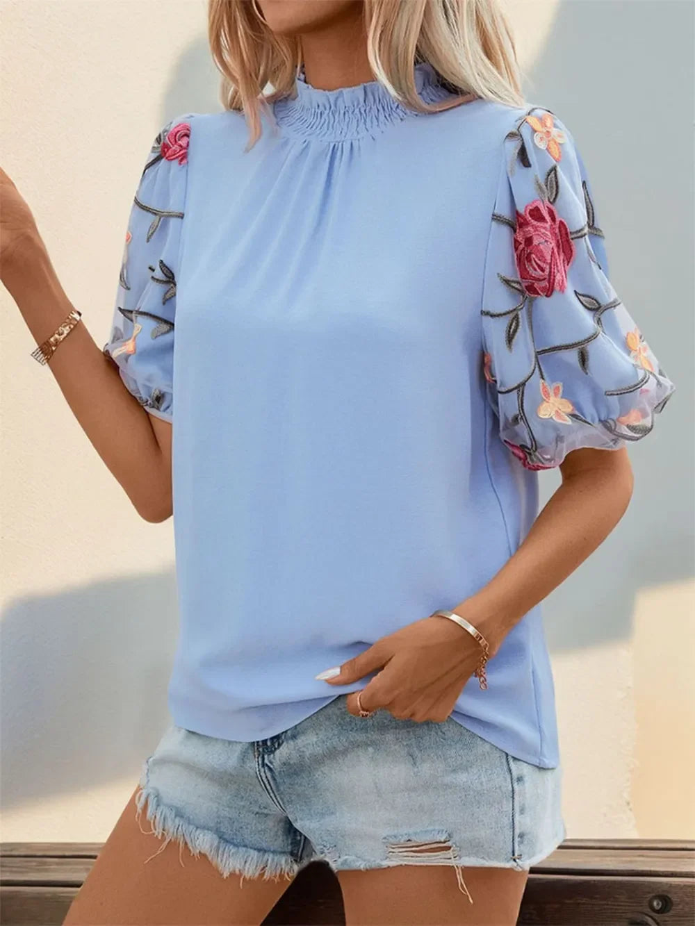 Embroidered Mock Neck Puff Sleeve Blouse - Southern Shores Clothing