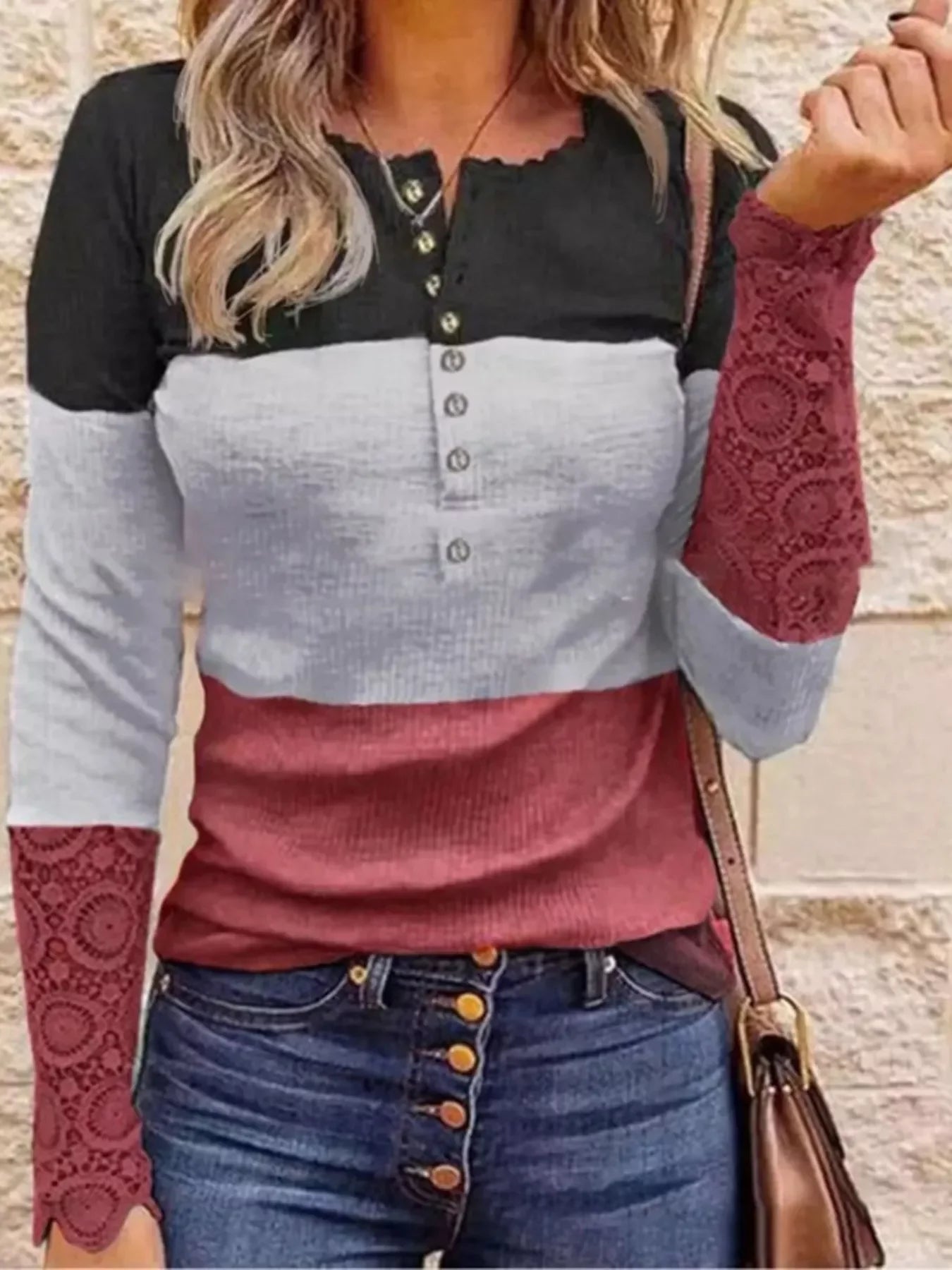 Block Lace Detail Half Button Knit Shirt - Southern Shores Clothing