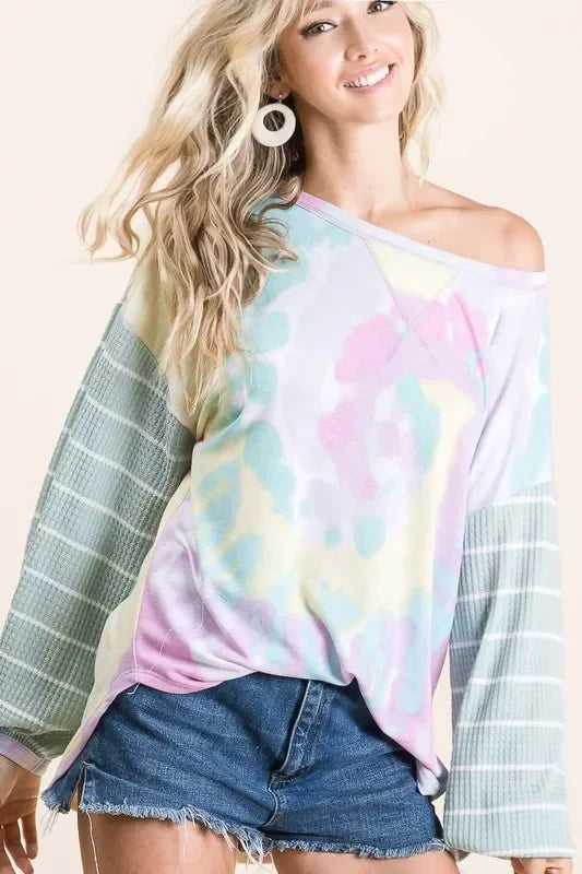 Tie Dye Terry Top With Wide Stripe Thermal Waffle - Southern Shores Clothing