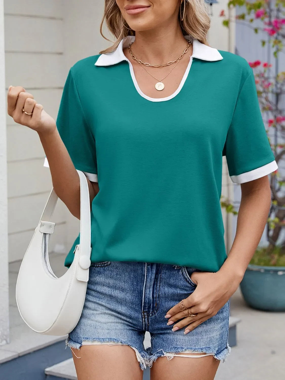 Contrast Trim Collar Short Sleeve Casual T-Shirt - Southern Shores Clothing
