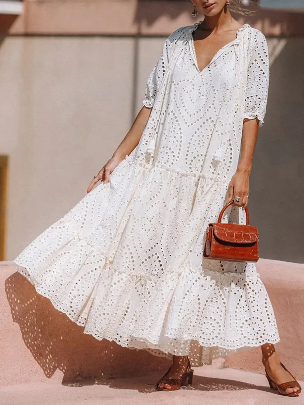 Tie Neck Half Sleeve Tiered Eyelet Dress With Delicate Detailing - Southern Shores Clothing
