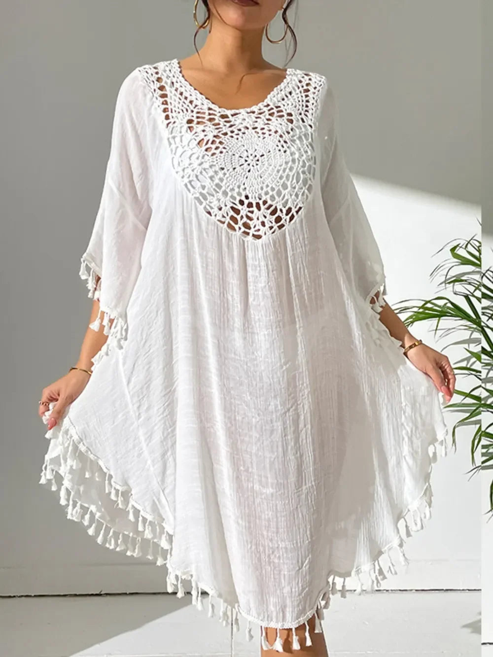 Tassel Cutout Scoop Neck Cover Up Dress One Size - Southern Shores Clothing