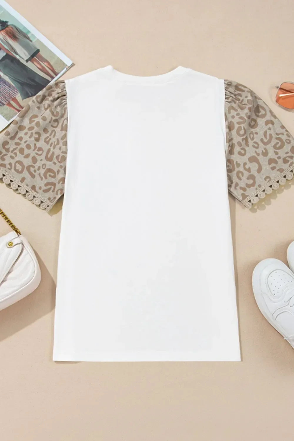 Leopard Patchwork Crochet Lace Trim Puff Sleeve T Shirt - Southern Shores Clothing