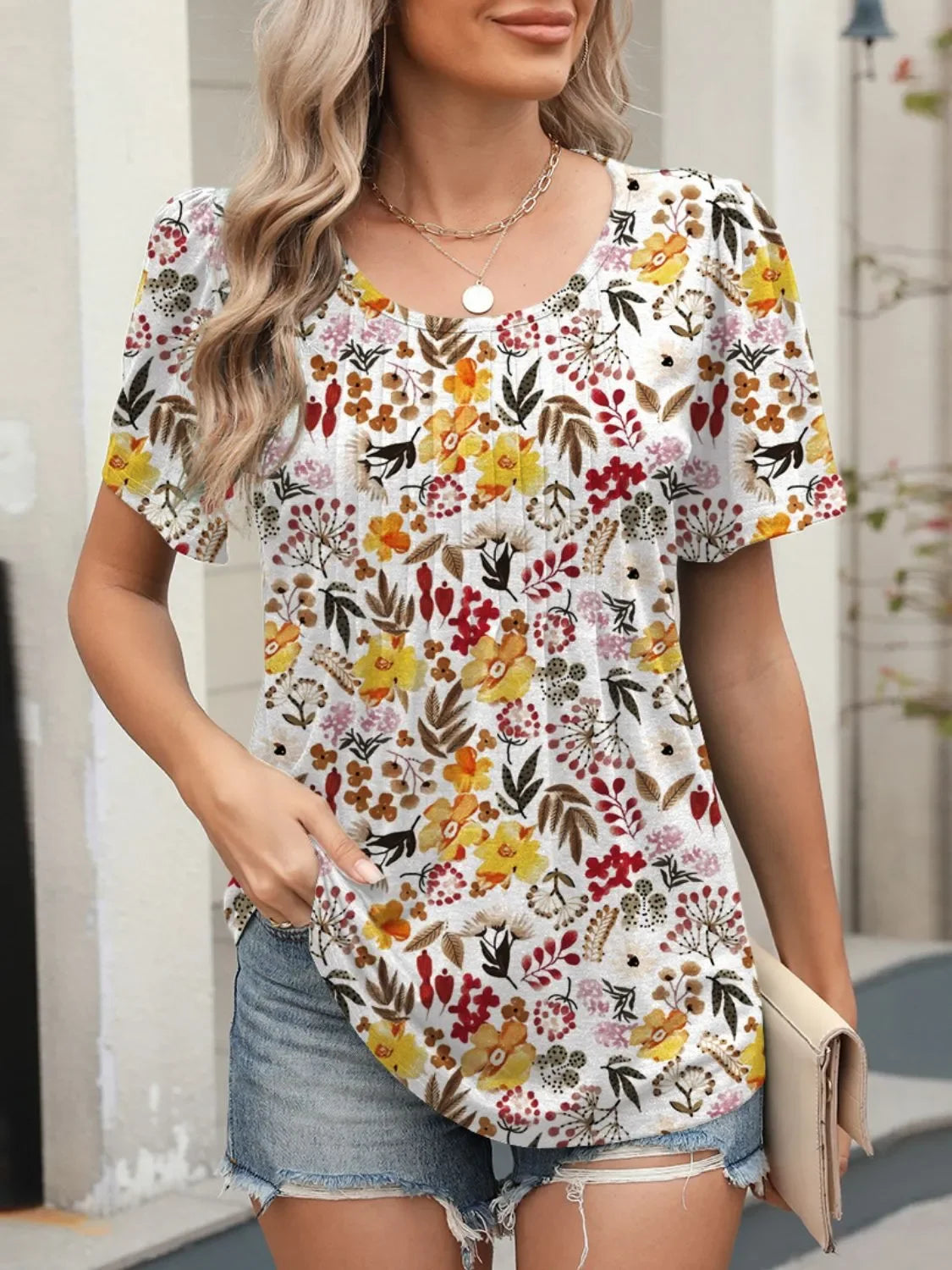Floral Print Round Neck Short Sleeve T Shirt With Stretch - Southern Shores Clothing