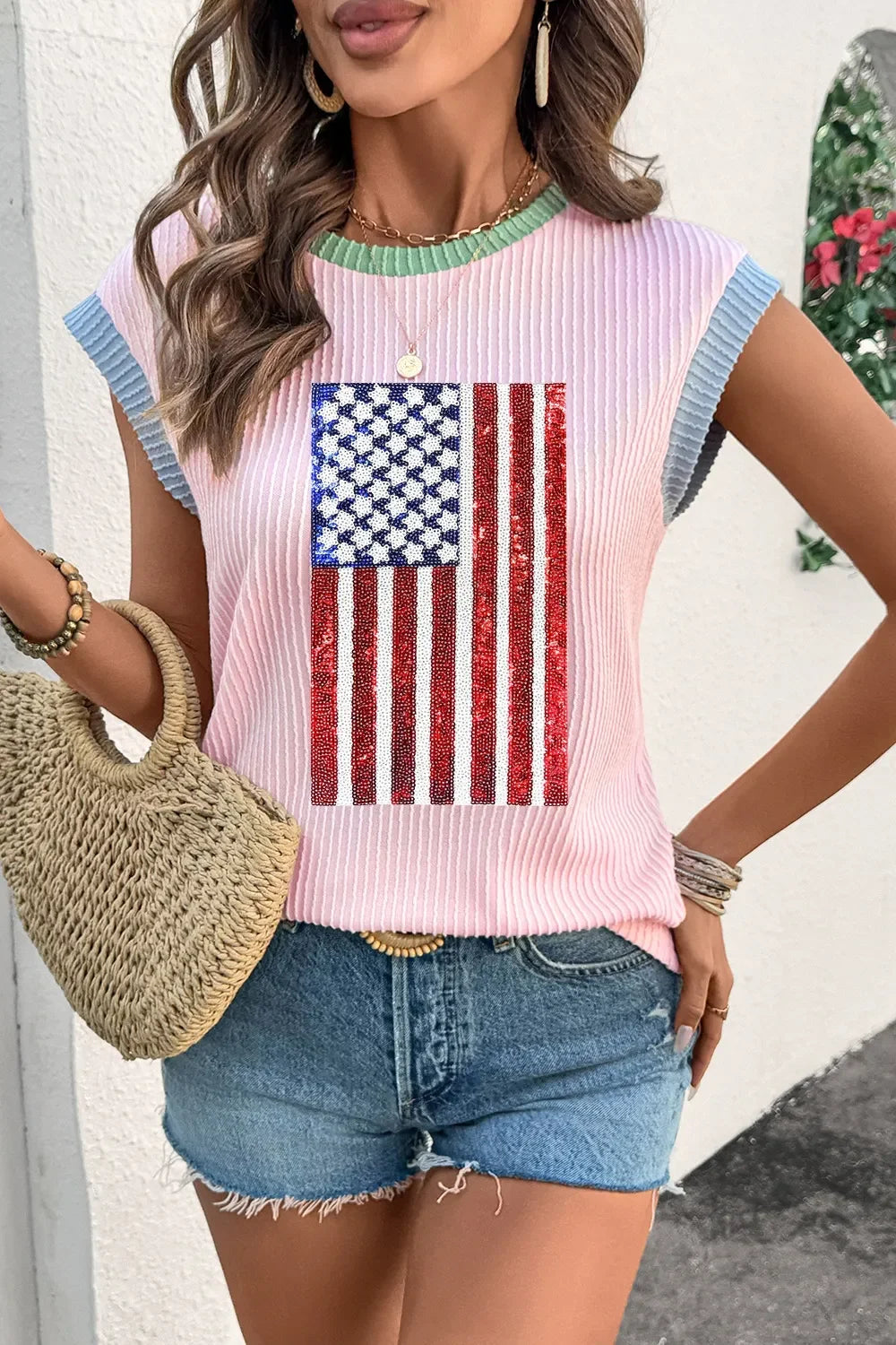 Colorblock Sequin American Flag T Shirt With Rib Texture - Southern Shores Clothing