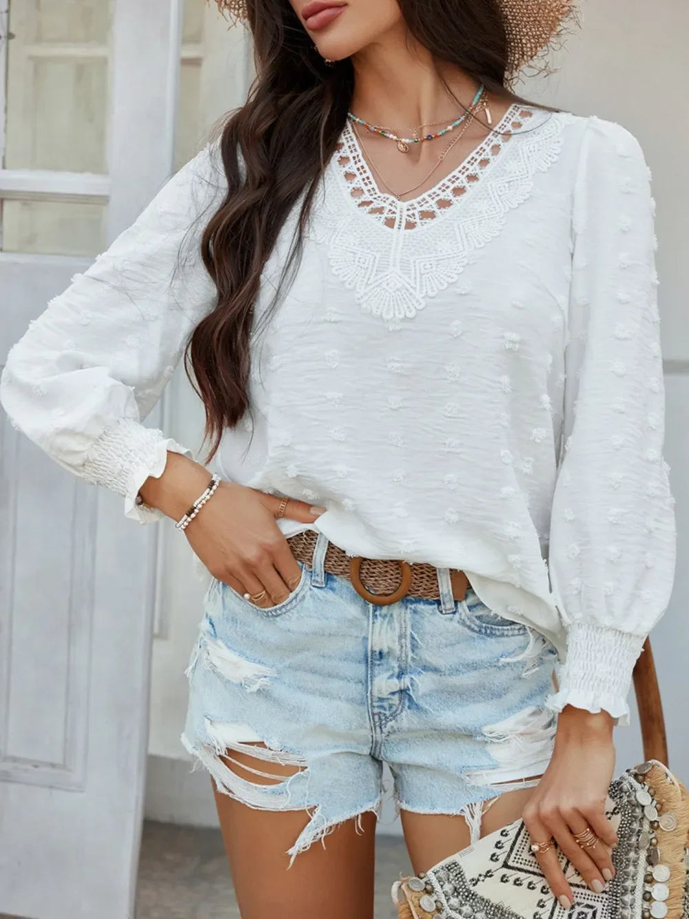 Swiss Dot Lace Detail V-Neck Long Sleeve Blouse - Southern Shores Clothing
