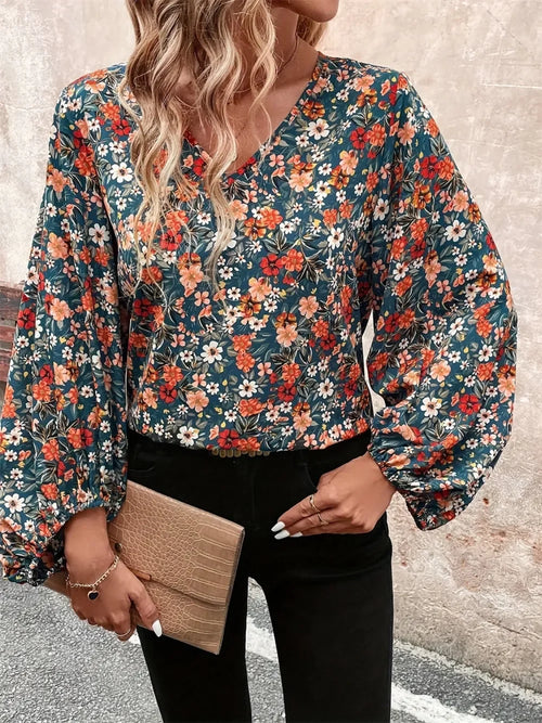 Printed V-Neck Balloon Sleeve Casual Blouse - Southern Shores Clothing
