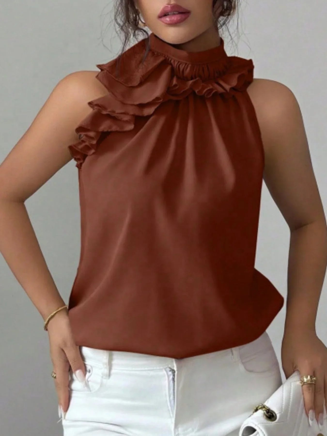 Ruffled High Neck Sleeveless Top With Draped Silhouette Detail - Southern Shores Clothing
