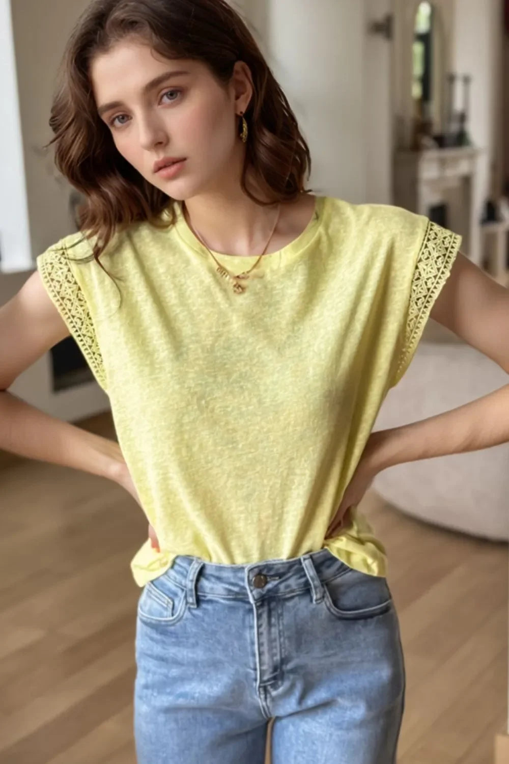Lace Patchwork Cap Sleeve Round Neck T Shirt - Southern Shores Clothing