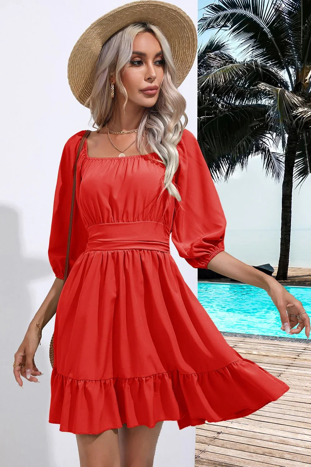 Square Neck Tie Back Ruffle Hem Dress Coastal Casual - Southern Shores Clothing