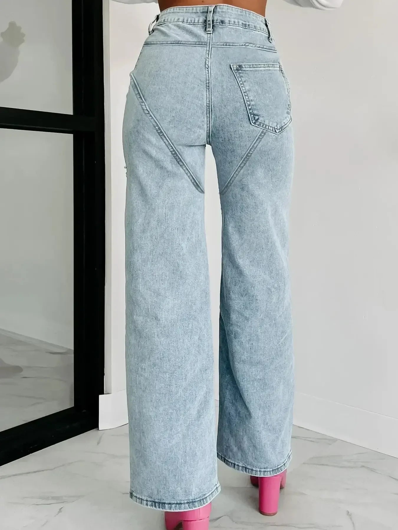 High Waist Cutout Wide Leg Denim Jeans Nautical Style - Southern Shores Clothing