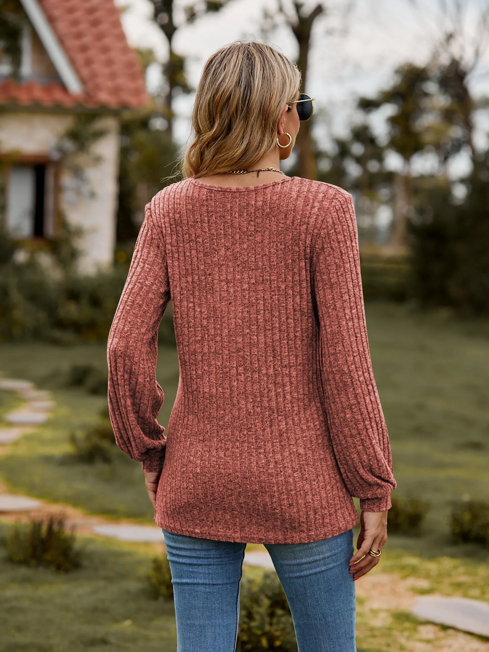 Stretchy Heathered Round Neck Button-Down Long Sleeve Tee - Southern Shores Clothing