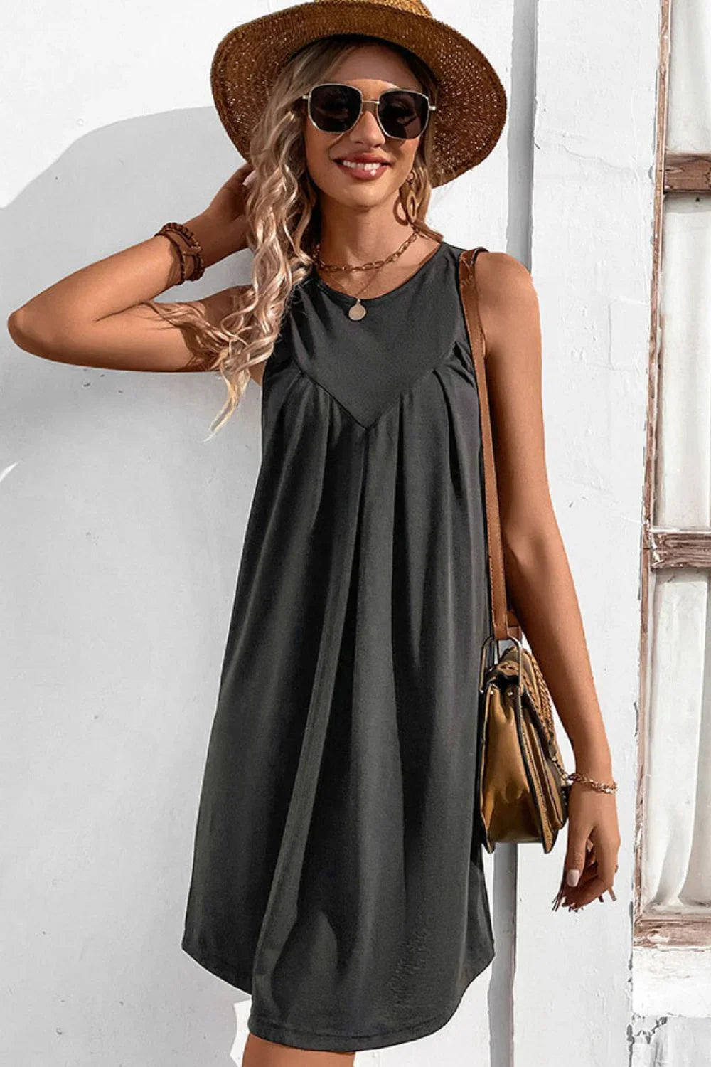 Perfee Round Neck Sleeveless Mini Dress - Southern Shores Clothing