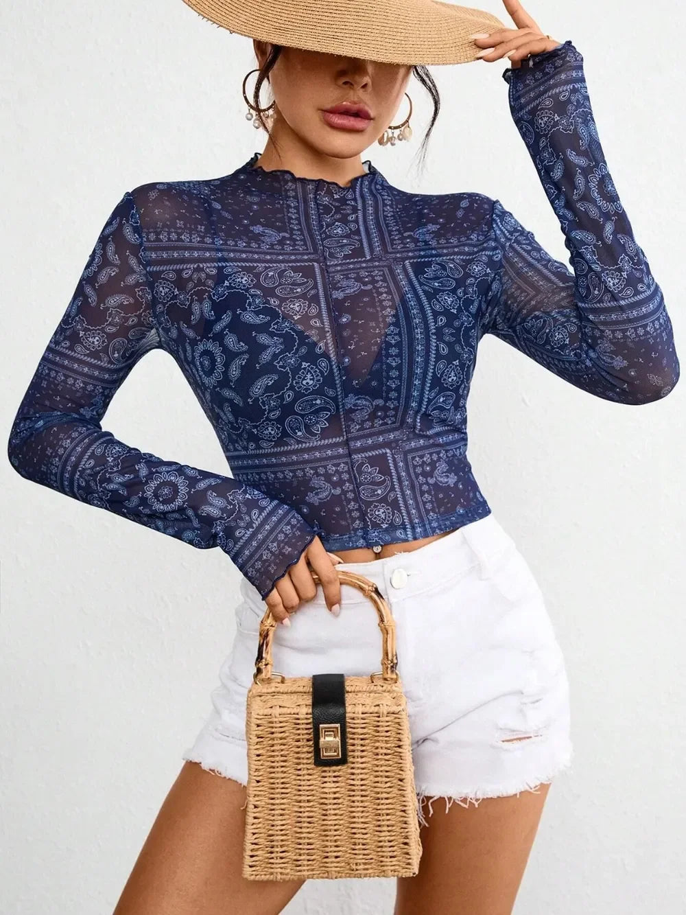 Paisley Mock Neck Long Sleeve Sheer Top With Stretch Fit - Southern Shores Clothing