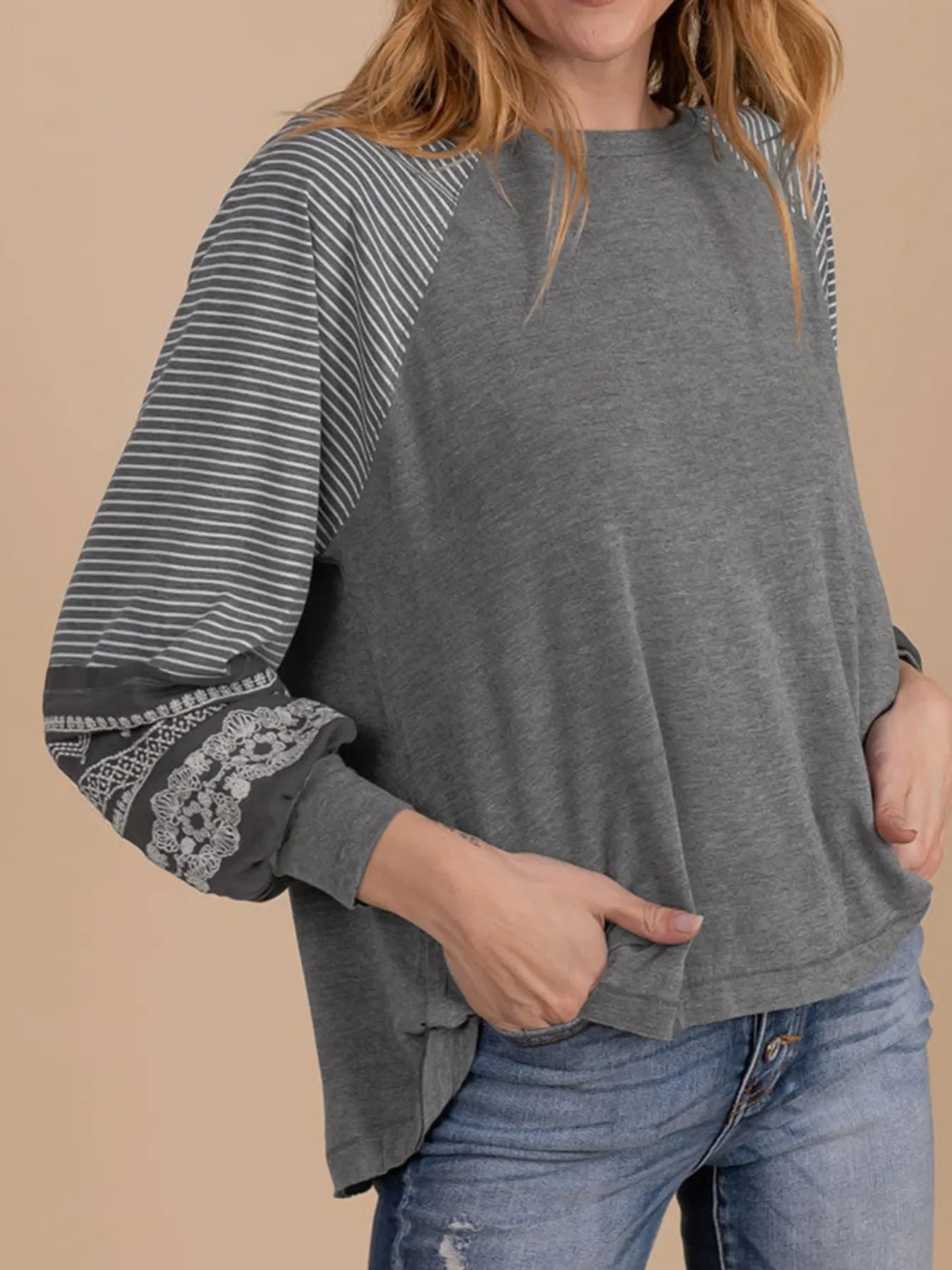 Contrast Print Striped Raglan Long Sleeve Loose Top - Southern Shores Clothing