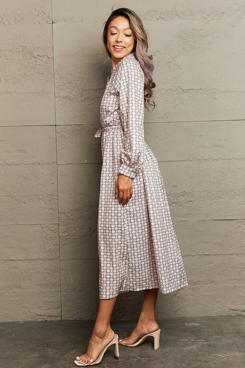 Printed Tie Waist Long Sleeve Midi Dress - Southern Shores Clothing