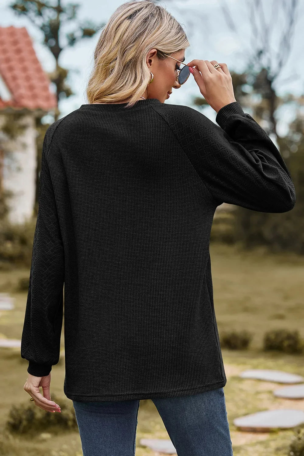 Eyelet Round Neck Long Sleeve T-Shirt - Southern Shores Clothing