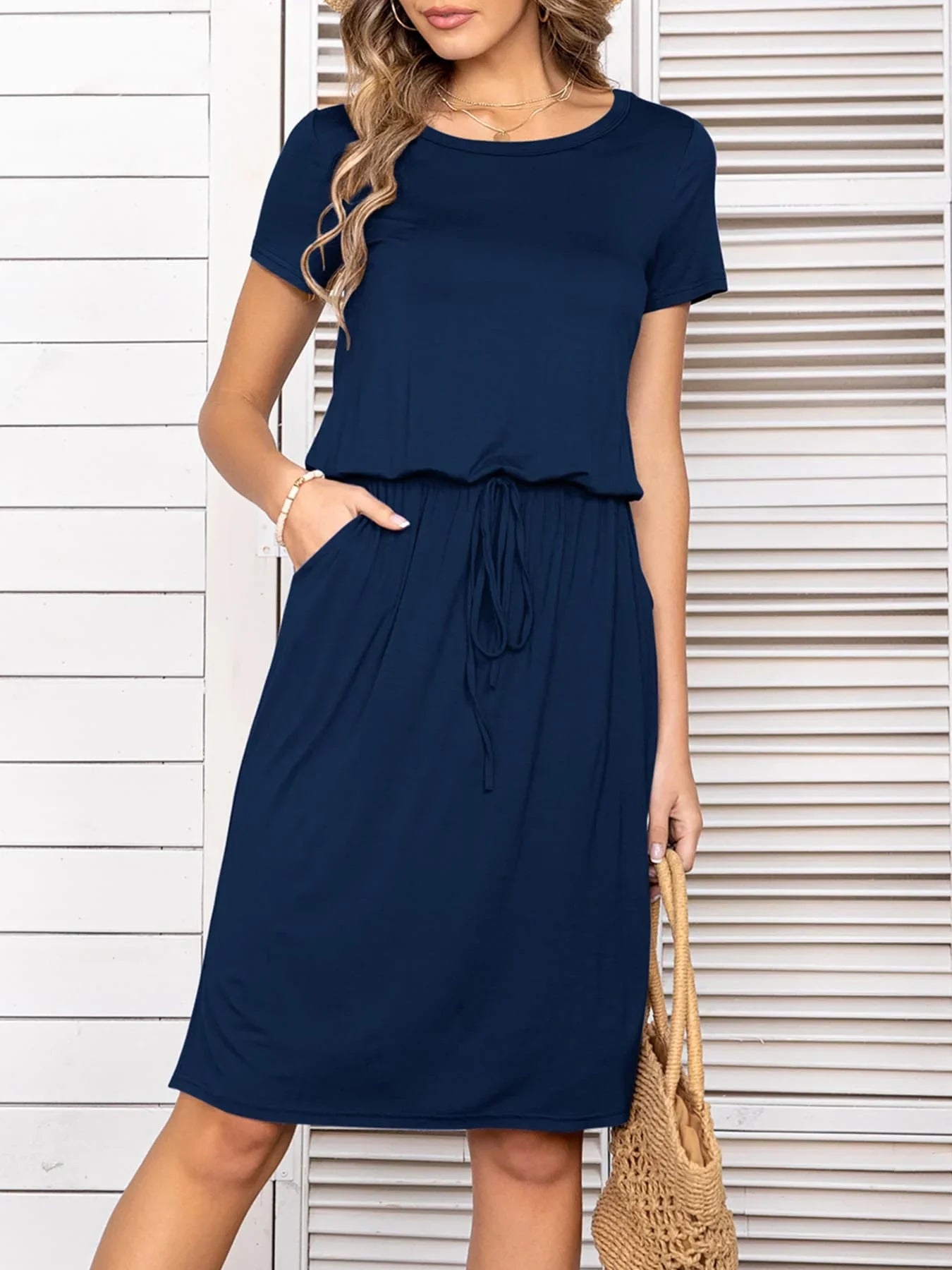 Round Neck Short Sleeve Slit Dress with Pockets - Southern Shores Clothing