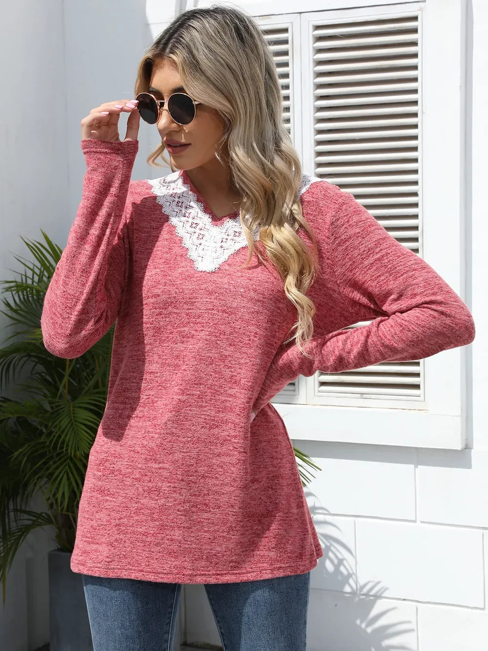 Lace Detail V-Neck Long Sleeve T-Shirt With Soft Stretch - Southern Shores Clothing
