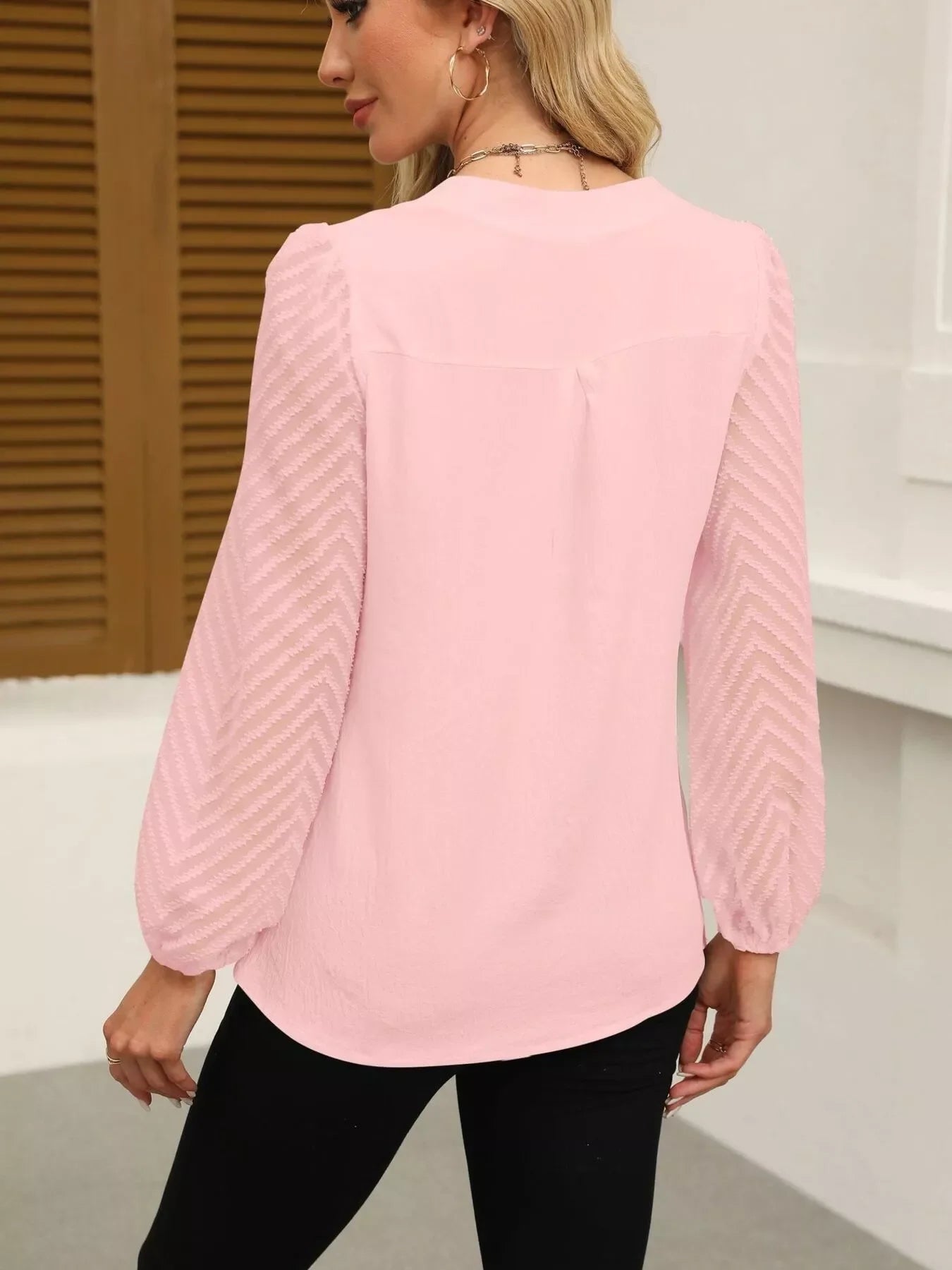 Notched Balloon Sleeve Polyester Blouse Effortless Style - Southern Shores Clothing