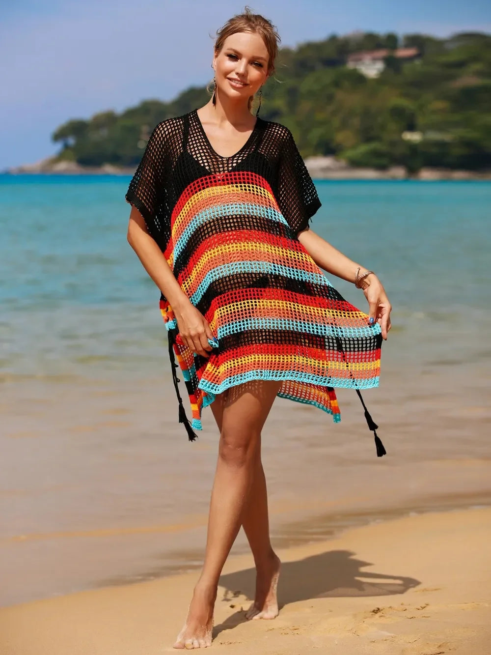 Angel Wings Striped Cutout Cover Up One Size Tassel - Southern Shores Clothing