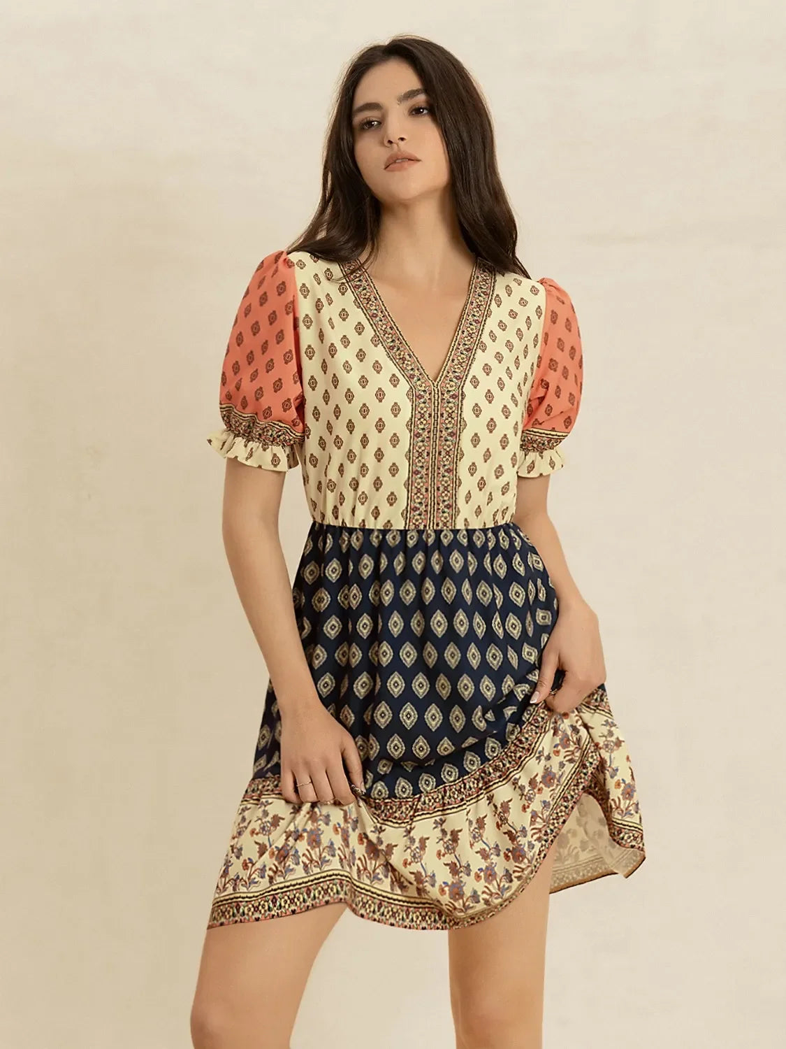 V-Neck Short Sleeve Boho Dress With Printed Paisley Pattern - Southern Shores Clothing