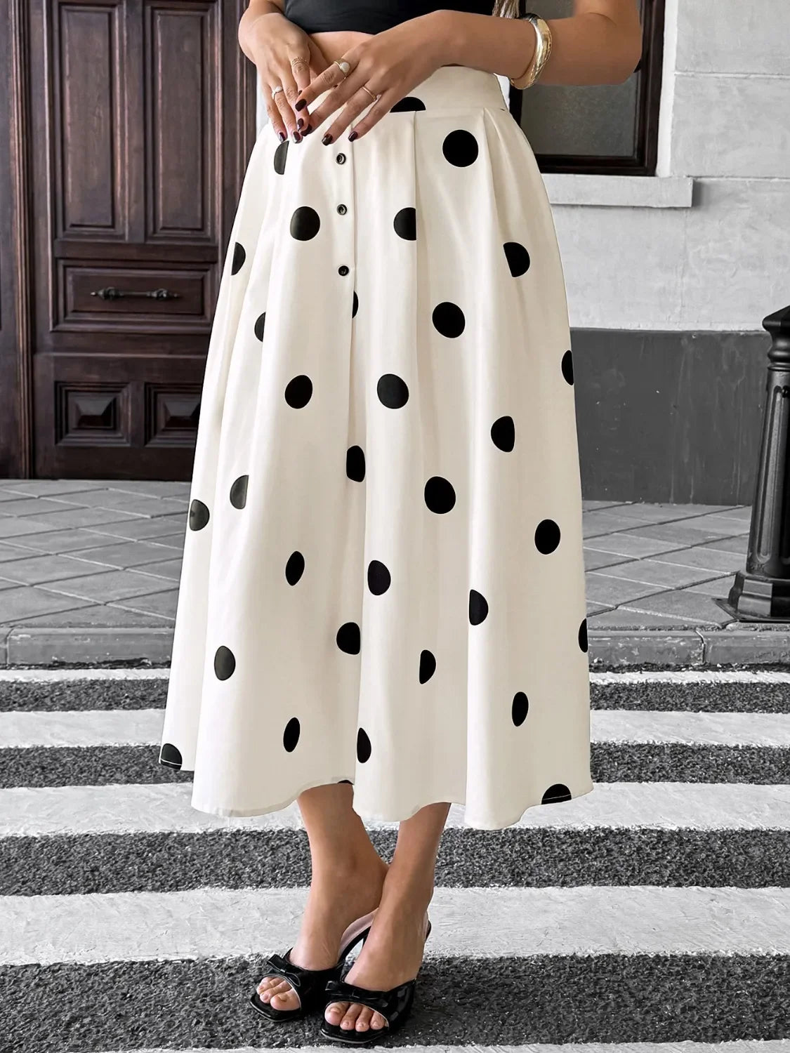 Polka Dot Flowing Skirt With Lightweight Draping - Southern Shores Clothing