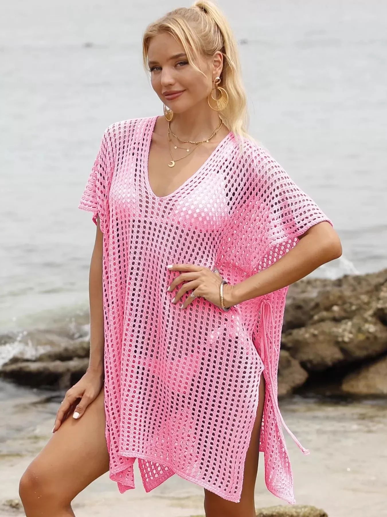Openwork V-Neck Slit Cover-Up Mesh Knit Lightweight Relaxed Fit - Southern Shores Clothing