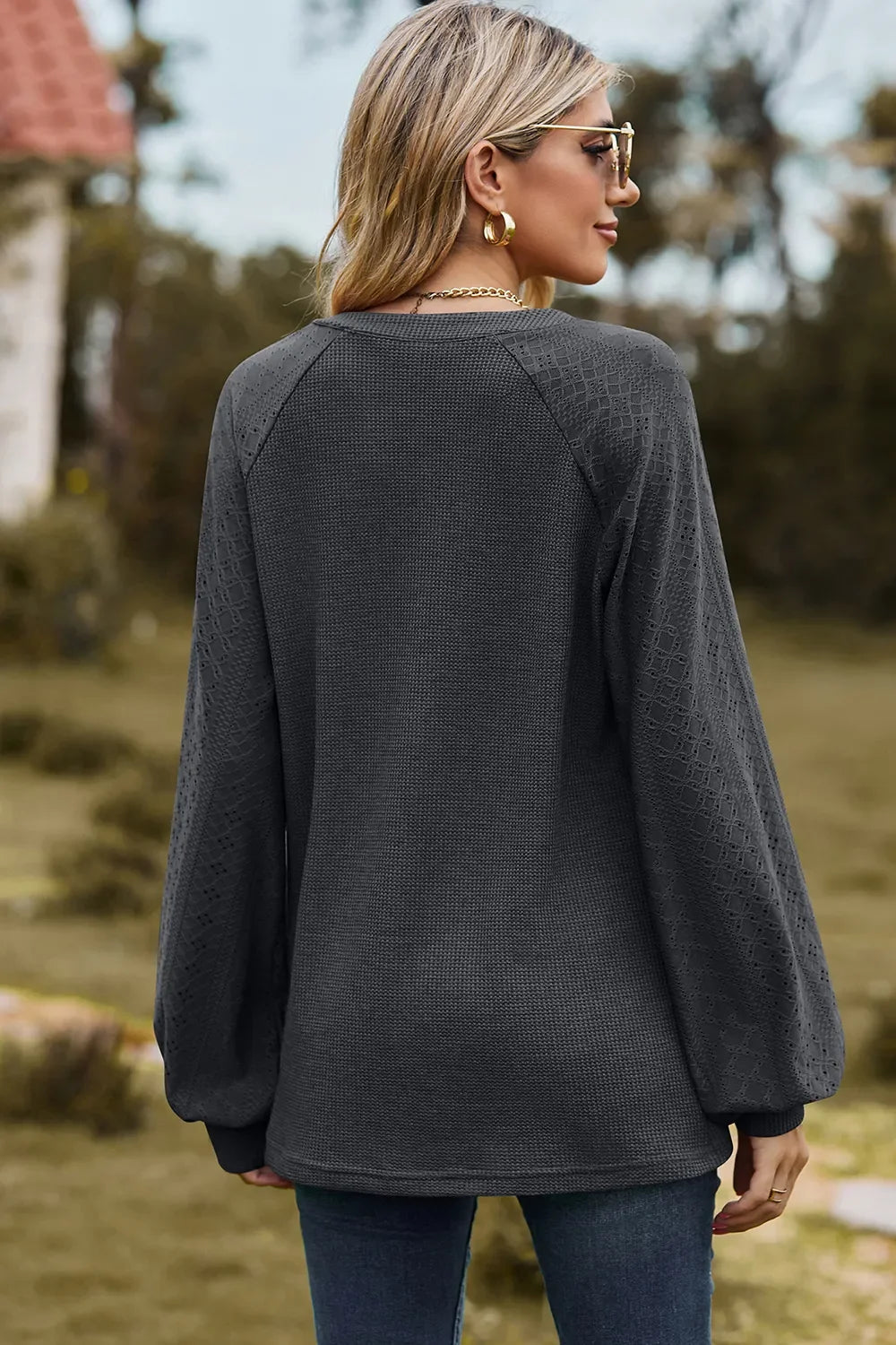 Eyelet Notched Raglan Sleeve T-Shirt - Southern Shores Clothing