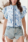 Floral Print Ruffled Short Sleeve Blouse - Southern Shores Clothing
