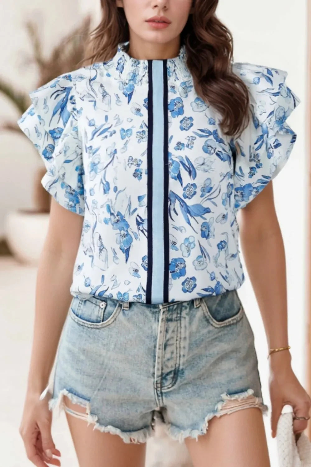 Floral Print Ruffled Short Sleeve Blouse - Southern Shores Clothing
