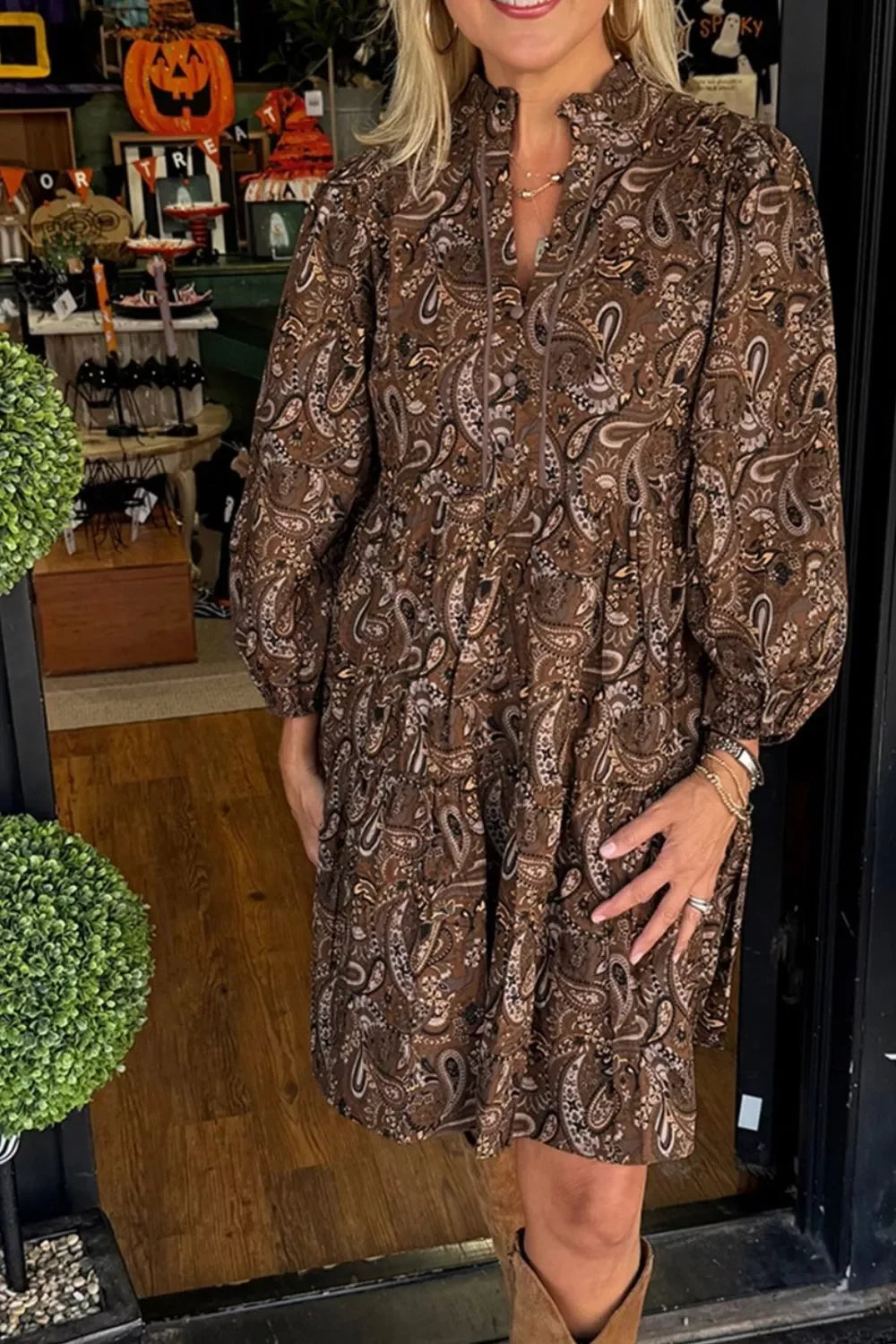 Casual Cotton Paisley Print Notched Mini Dress With Long Sleeves - Southern Shores Clothing