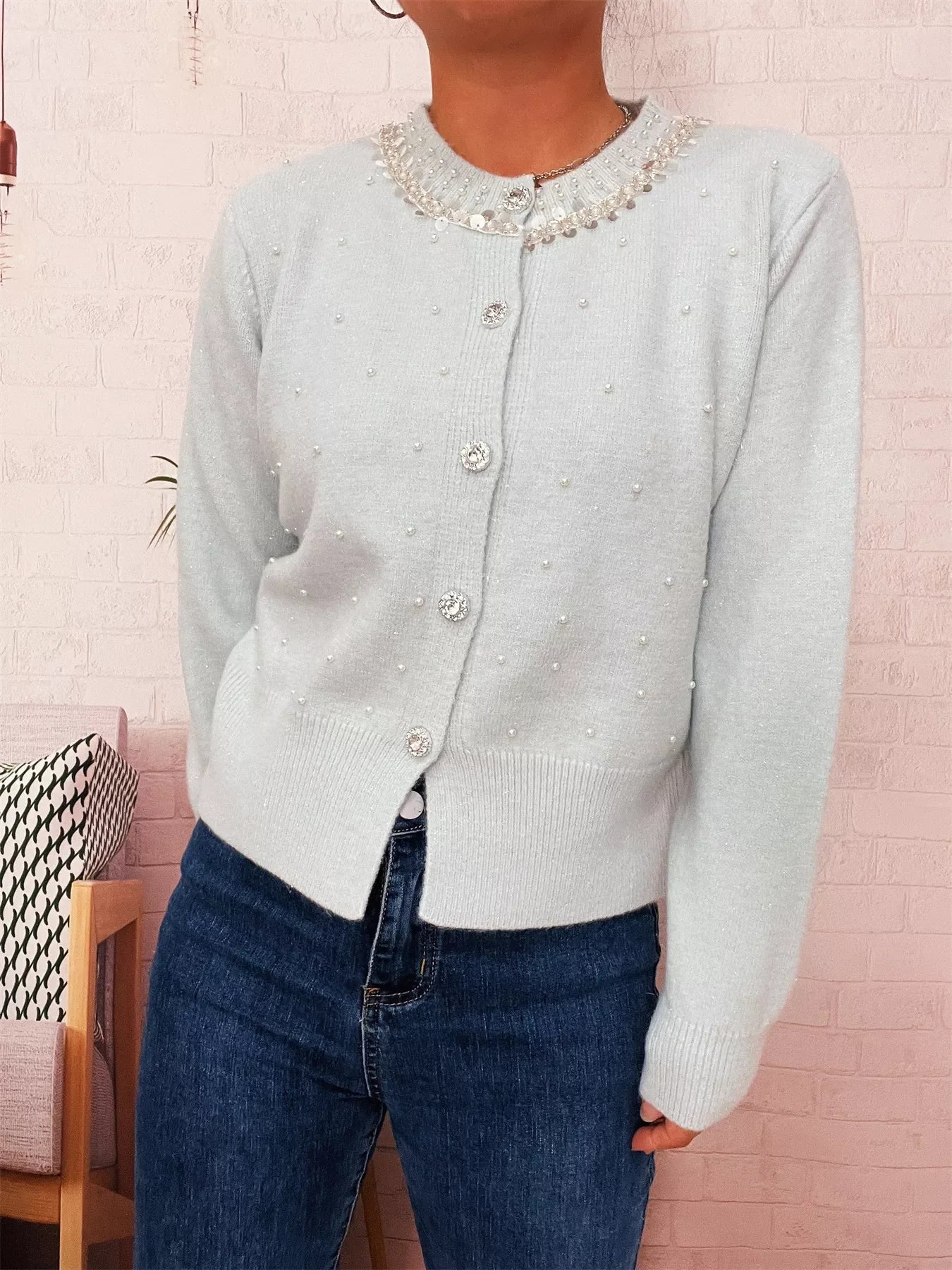 Pearl Detail Button Front Cardigan Stretch Knit - Southern Shores Clothing